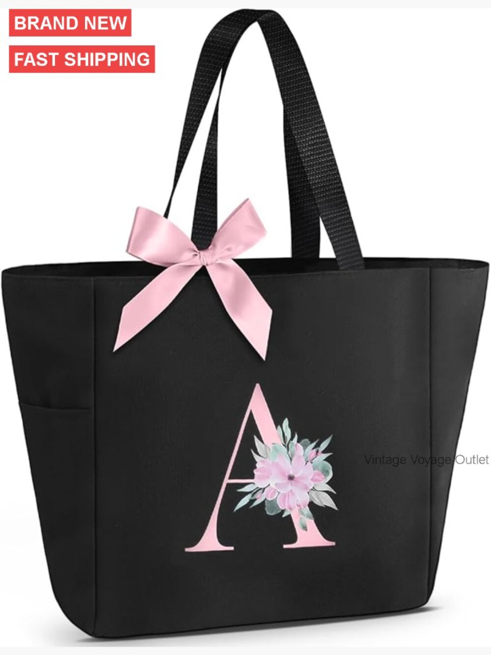 Waterproof Monogram Tote Bag with Zipper, Floral Pattern, Bridesmaid Gift